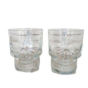 Set Of 2 Skull Glass Mugs Bone Handles Clear 3D Design Gothic‎ 16Oz Drinkware